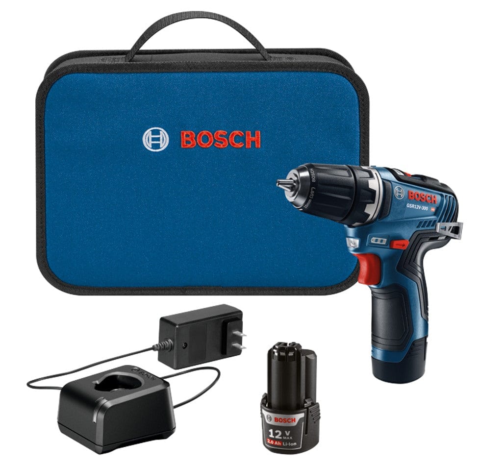 A comprehensive product kit shot of the Bosch 12V Max EC brushless 3/8-inch drill/driver, including the handheld tool, two 12V Max 2.0 Ah lithium-ion batteries, a battery charger, and a blue and black zippered carrying bag with the Bosch logo.