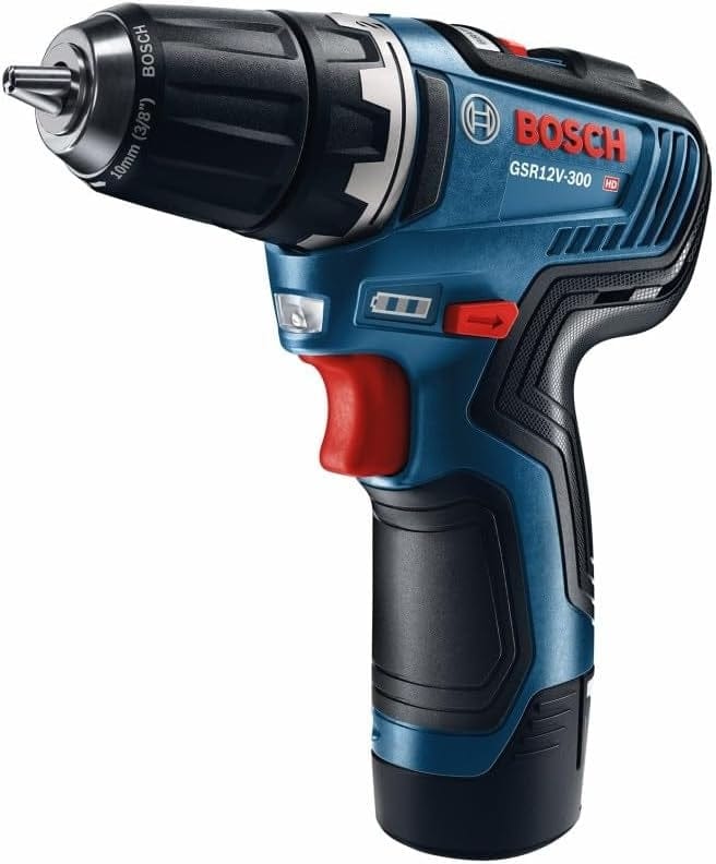 A perspective studio shot of the Bosch 12V Max drill/driver from the front left, highlighting the compact design, keyless chuck, and ergonomic grip.