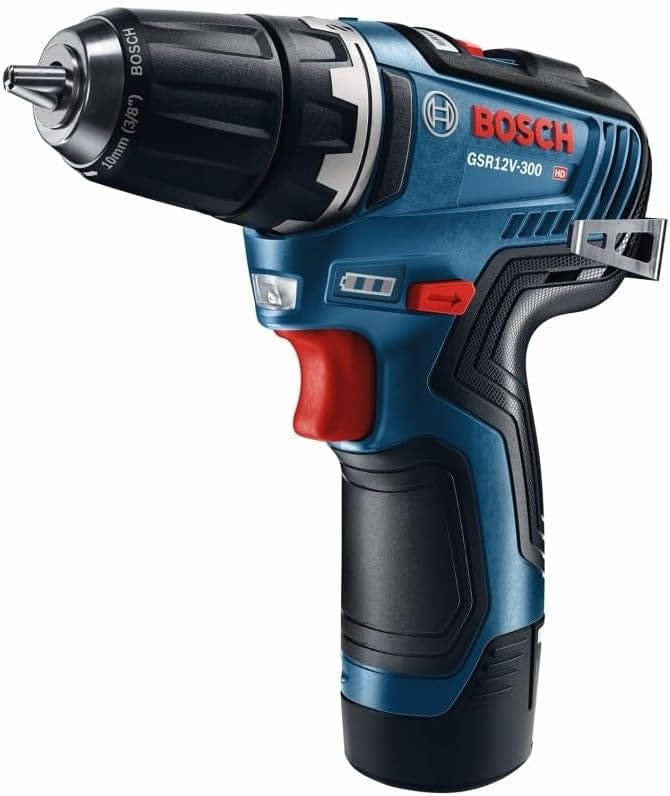A studio shot of the Bosch 12V Max drill/driver from the front right profile, showing the silver metal belt clip attached to the side of the tool housing.
