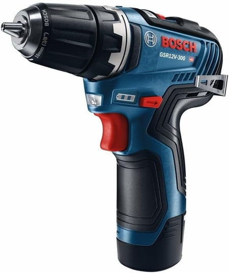 A studio shot of the Bosch 12V Max drill/driver from the front right profile, showing the silver metal belt clip attached to the side of the tool housing.
