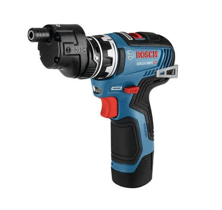 Close-up angled view of the drill with the offset-angle attachment secured, positioning the bit driver at the very top edge of the tool for close-quarters work.
