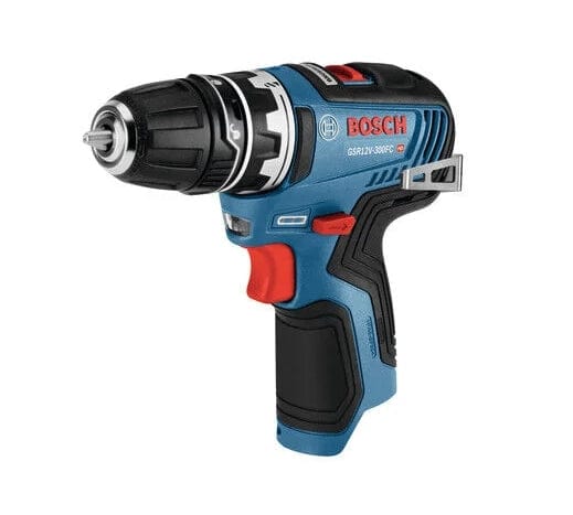 A side view of the blue and black Bosch 12V Max Chameleon FlexiClick 5-in-1 drill driver with a keyless chuck attachment connected, against a white background.