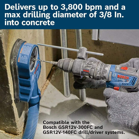 A close-up of the Bosch 12V Max Chameleon FlexiClick drill driver equipped with a rotary hammer attachment drilling into a concrete wall through a blue dust extraction shroud. Text overlays state it "Delivers up to 3,800 bpm and a max drilling diameter of 3/8 In. into concrete" and is "Compatible with the Bosch GSR12V-300FC and GSR12V-140FC drill/driver systems."