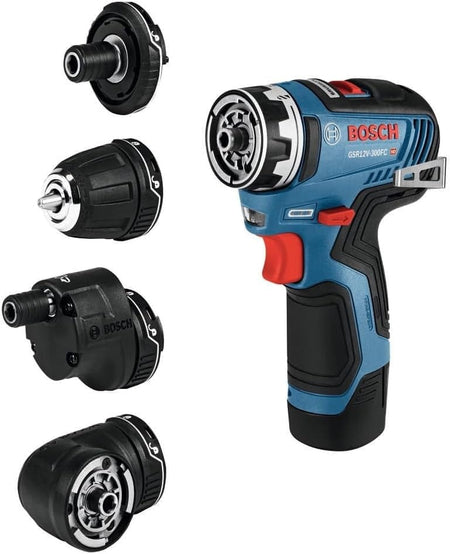 Studio view showing the drill body on the right alongside the four interchangeable attachments on the left: keyless chuck, locking bit holder, right angle, and offset angle.