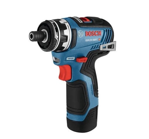 Angled view of the Bosch drill with the locking bit holder attachment secured to the front interface.