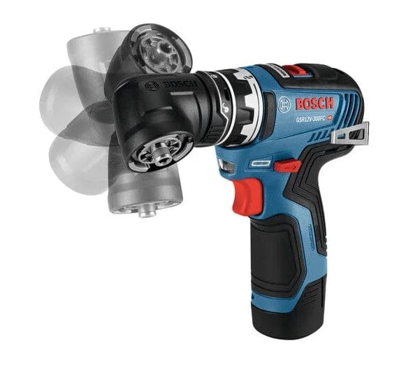 View of the drill with the right-angle attachment, featuring ghosted images demonstrating the ability to rotate the head to different angles without removing it.