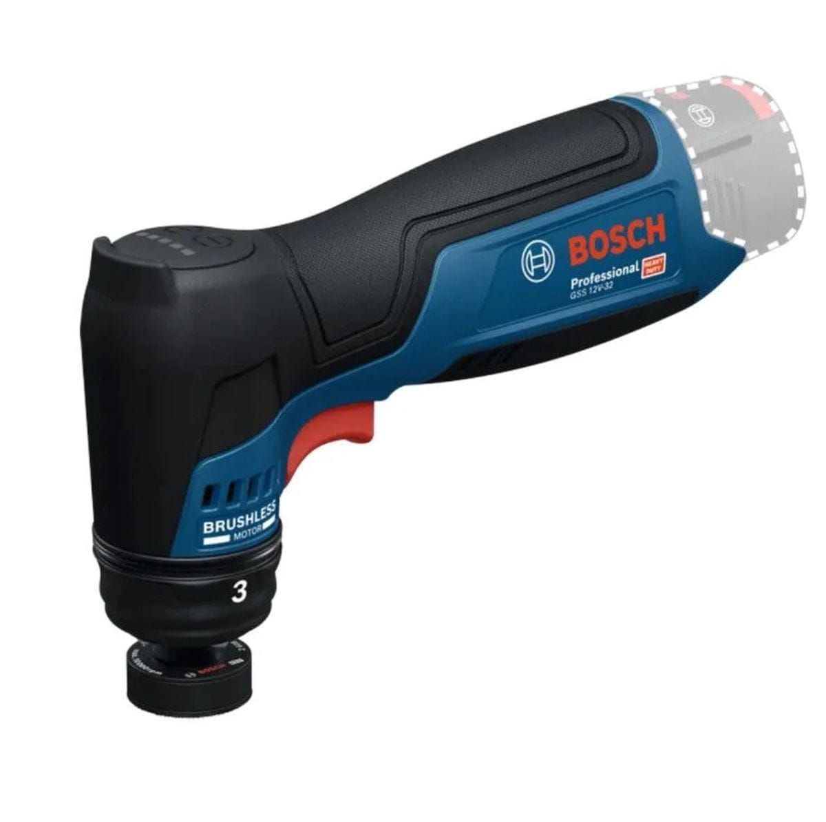 A side-angle studio profile view of the standalone Bosch GSS12V-32N 12V Max Cordless 1-1/4 Inch Detail Orbital Sander isolated against a clean white background. This specialized automotive spot repair tool features a blue and black rubberized barrel body casing, a red variable-speed trigger switch, an internal brushless motor indicator, and a micro 1-1/4 inch orbital backing pad marked with a 3mm stroke designator. A faded translucent outline at the rear handle shows where a 12V max battery pack connects.