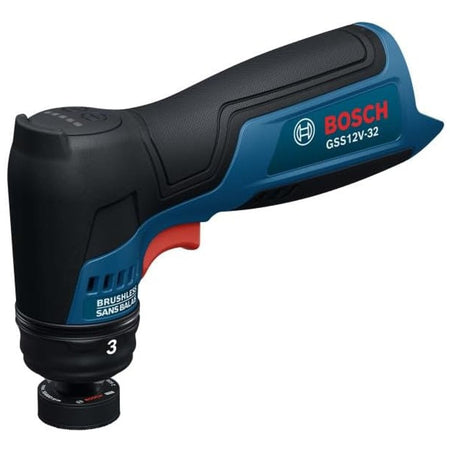 A direct horizontal profile catalog shot of the compact Bosch 12V cordless detail orbital palm sander bare tool. Pictured from the side against a white backdrop, the tool layout showcases its lightweight handheld architecture, ergonomic soft rubber overmold textures, a prominent red trigger lever, and a specialized sanding attachment spindle nose.