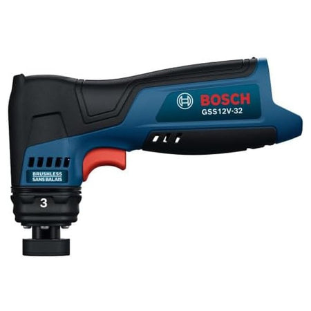 A direct horizontal profile view identical to file GSS12V-32N 2.jpg, capturing the Bosch GSS12V-32N cordless detail orbital sander bare tool configuration. This clean, graphic-free catalog view emphasizes the tool's compact under-barrel profile and localized 3mm orbit indicator balance ring on the bottom spindle head.