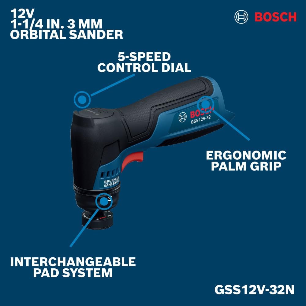 Bosch GSS12V-32N technical feature infographic layout optimized for search engine algorithms. Set against a solid dark blue background, thin graphic lines point out specific tool advantages, labeling the top 5-speed control dial, ergonomic palm grip, interchangeable pad system, and fine 3mm orbital action on this 12V 1-1/4 inch detail orbital sander.