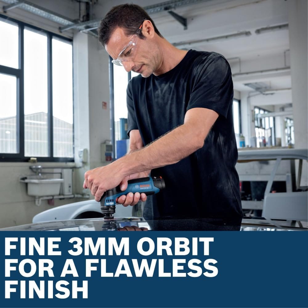 A technician in clear safety glasses operating the Bosch GSS12V-32N cordless brushless detail sander to scuff and blend clear coat layers on a gloss black car panel. The background reveals a professional auto body workshop bay, set above a text graphic reading Fine 3mm orbit for a flawless finish.