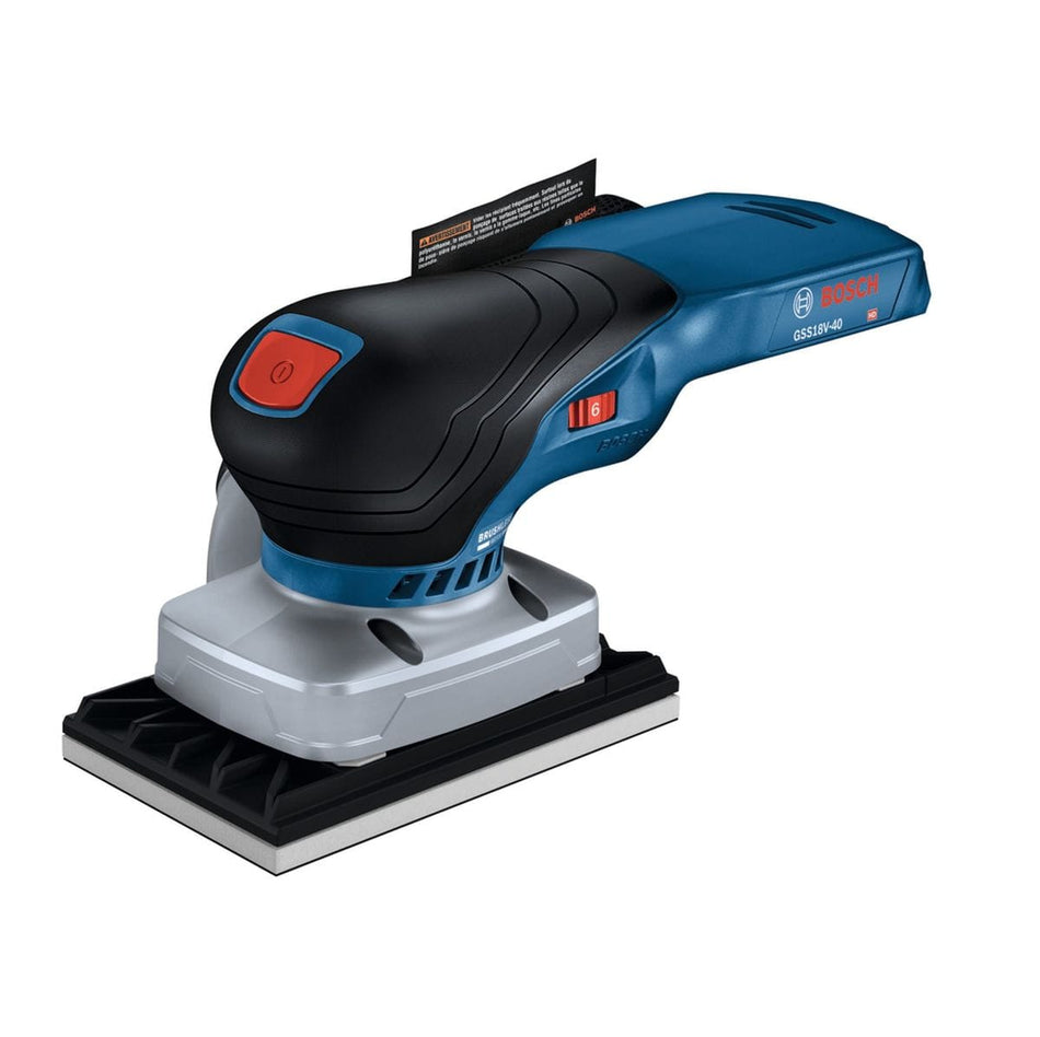 An isolated studio view of the blue and black Bosch GSS18V-40 18V brushless sheet orbital finishing sander showing its rectangular 1/4 sheet sanding plate, textured palm grip housing, and red variable speed thumbwheel against a plain white background.