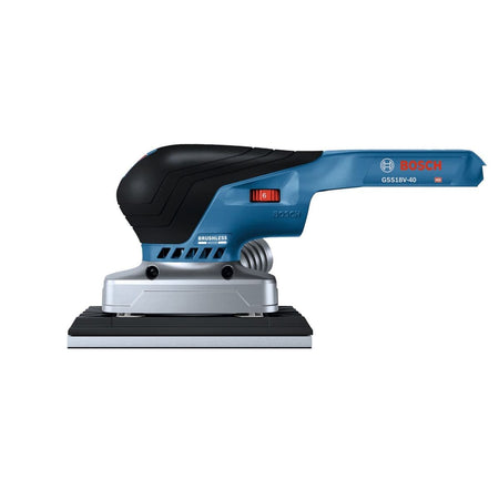 A direct horizontal profile view of the Bosch GSS18V-40 18V cordless orbital sheet sander showcasing its compact clearance height, silver motor housing, black backing pad, and elongated rear battery mounting arm.