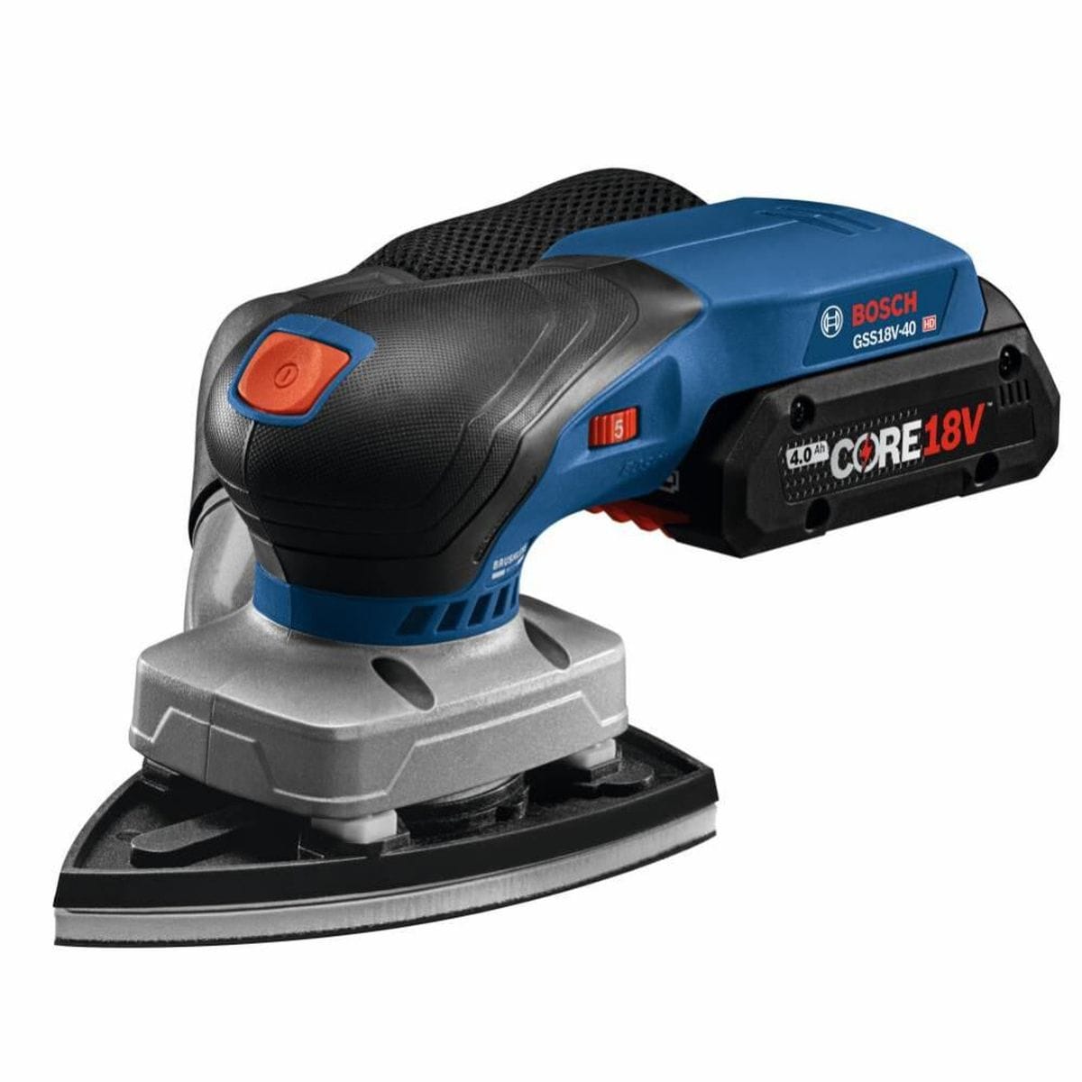 An angled perspective studio view of the Bosch GSS18V-40 cordless finishing sander equipped with a pointed triangular detail sanding plate attachment and an attached black red Bosch CORE18V 4.0 Ah lithium-ion battery package.