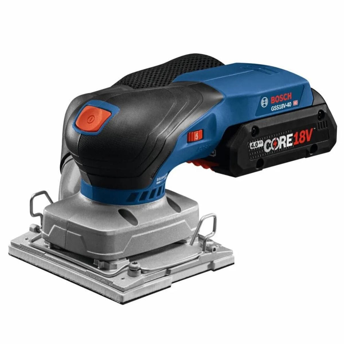 An isolated studio view of the Bosch 18V brushless sander configuration featuring a larger square 1/3 sheet interchangeable sanding plate adapter equipped with side wire paper-clamping brackets and an attached CORE18V battery.