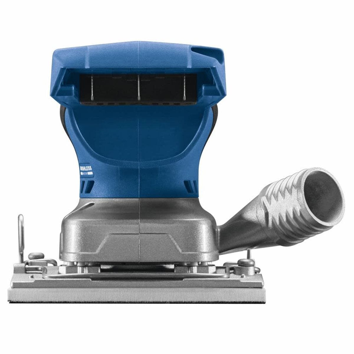 A direct rear view of the Bosch 18V orbital sander highlighting the dual-mode dust extraction interface showing the open port for mobile dust collection bags or direct wet dry vacuum hose integration.