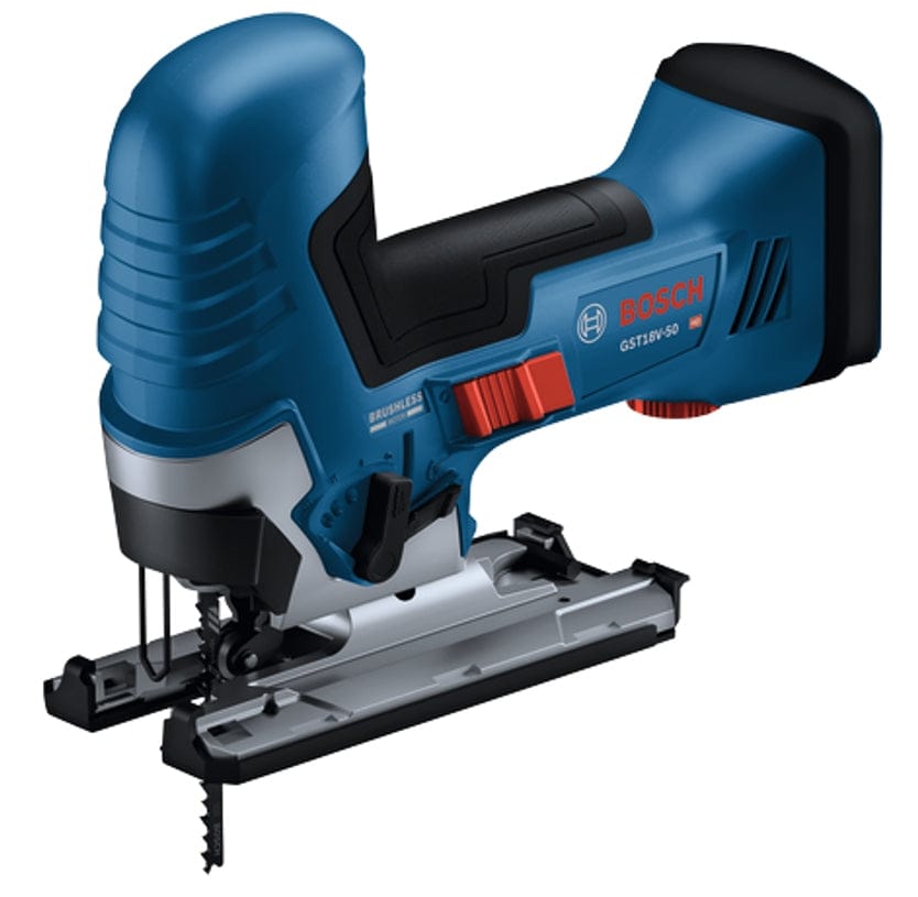 A studio product shot of the Bosch GST18V-50BN 18V brushless barrel-grip jig saw shown from a side profile. The tool features a professional blue and black housing with a silver die-cast aluminum footplate and a T-shank blade installed.