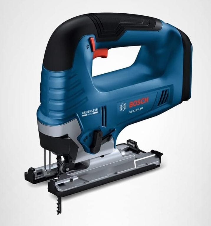 A studio product shot of the Bosch GST18V-50N 18V brushless top-handle jig saw from a side profile. The tool features a professional blue and black housing with a silver die-cast aluminum footplate and a T-shank blade installed.