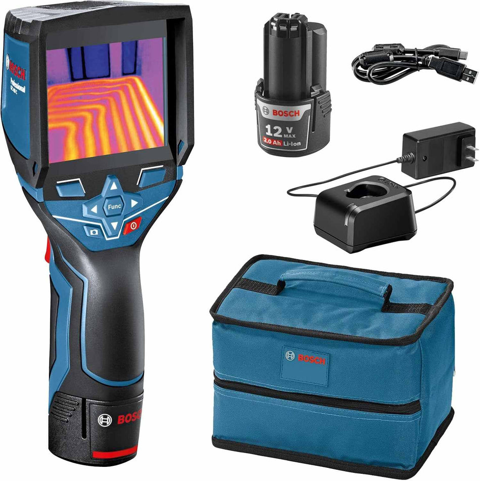 Studio shot of the Bosch GTC400C thermal camera kit contents including the tool, 12V battery, charger, USB cable, and soft carrying pouch against a white background