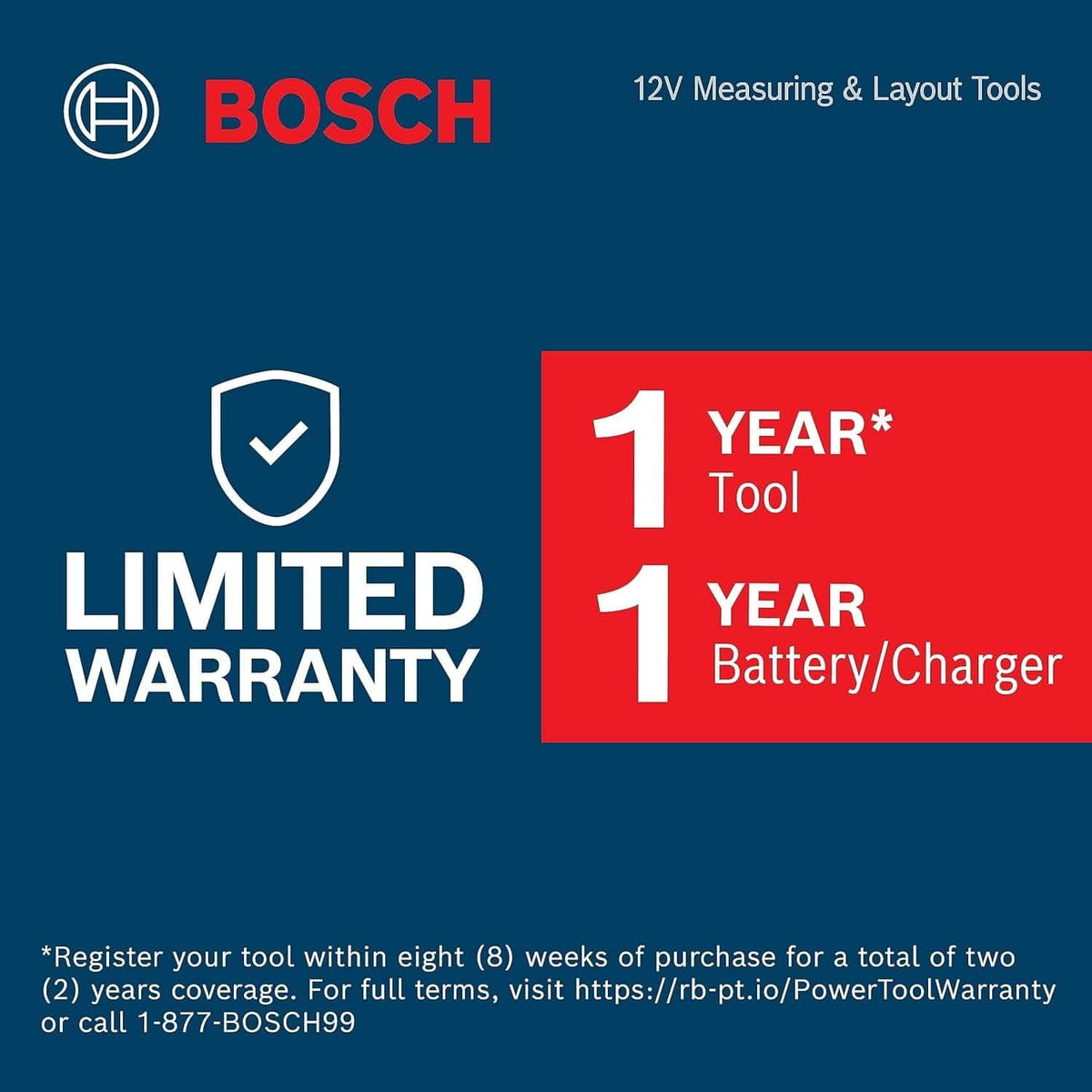Warranty information graphic displaying the coverage terms, including a 1-year limited warranty for the tool, battery, and charger