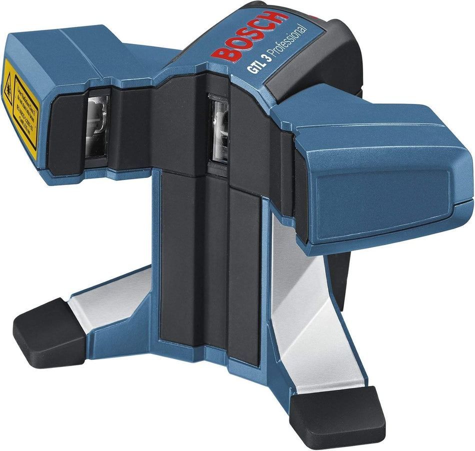 A professional studio shot of the Bosch GTL3-RT laser square for tile layout, showing the blue housing, the two laser output windows for 90-degree lines, and the silver magnetic base.