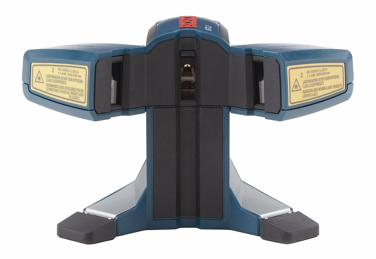 The rear view of the Bosch GTL3 laser, showing the Class 2 laser warning and safety information labels on the emitter housings.