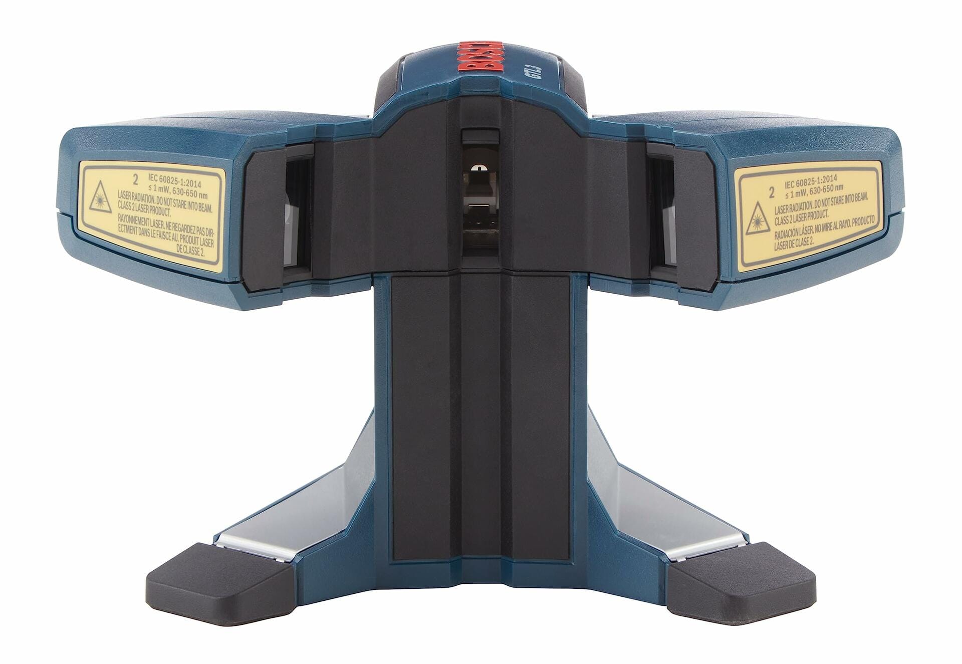 The rear view of the Bosch GTL3 laser, showing the Class 2 laser warning and safety information labels on the emitter housings.