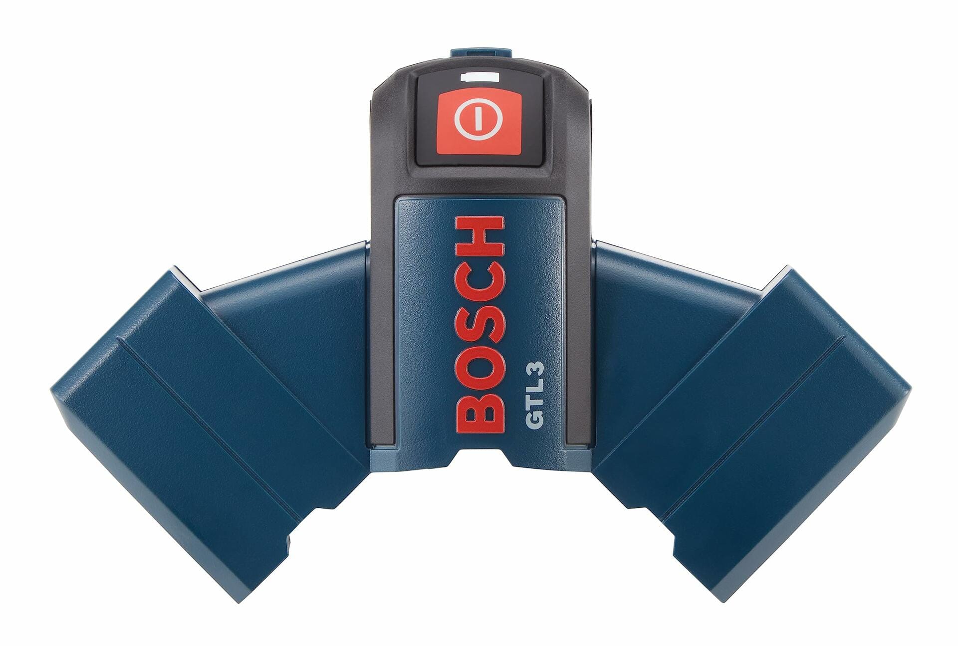 A top-down studio view of the Bosch GTL3 tile laser, highlighting its single red power button and symmetrical design.