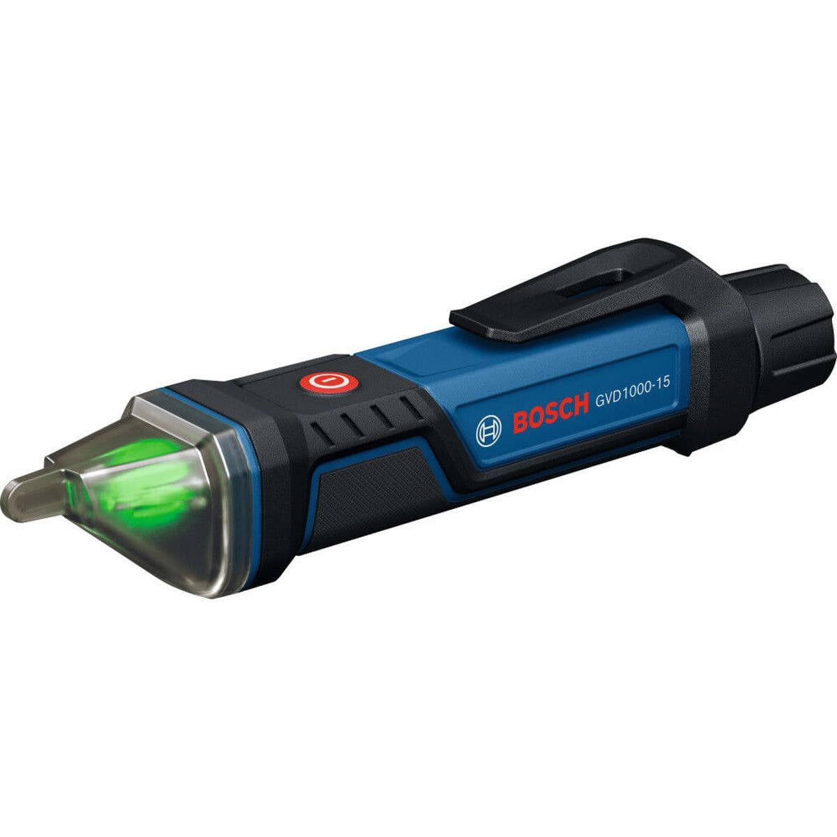 A close-up studio perspective view of the standalone Bosch GVD1000-15 Non-Contact Voltage Tester Pen isolated against a white background. This high-conversion product shot showcases the signature blue and black rubberized body housing, a robust built-in pocket clip, an intuitive red power button, and a transparent multi-angle sensor tip glowing with a bright green LED notification light.