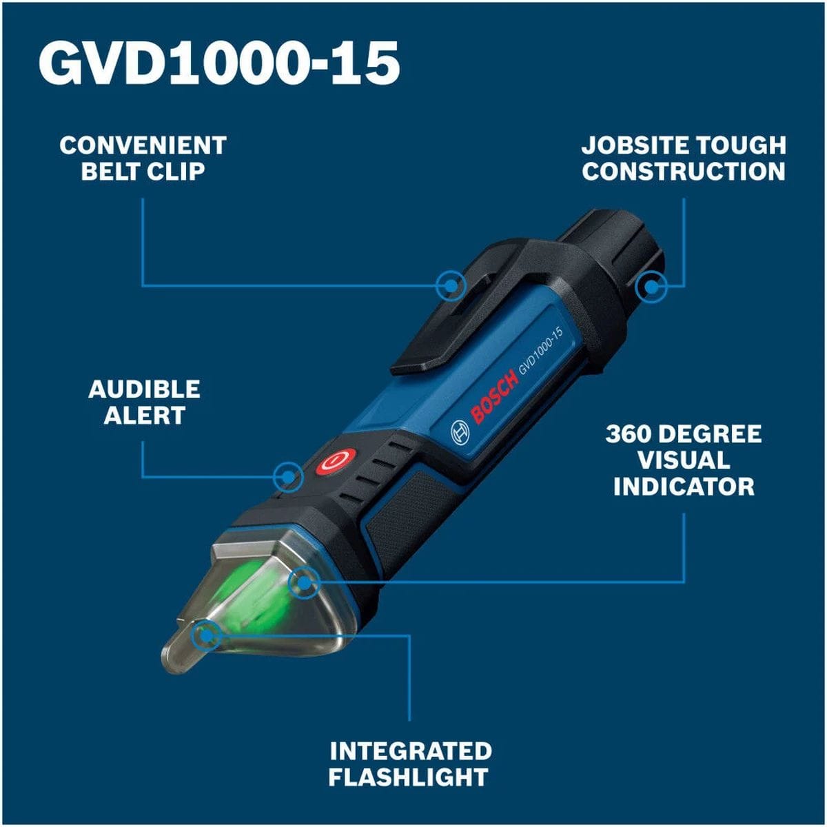 An informational product feature diagram for the Bosch GVD1000-15 voltage detector pen layout. Set against a clean dark blue backdrop, labeled lines point out the core structural benefits for search engine algorithms, including the convenient belt clip, loud audible alert buzzer, jobsite tough construction, 360 degree visual indicator tip, and integrated flashlight.