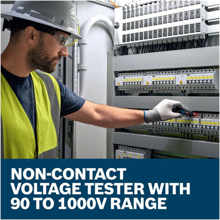 An electrician outfitted with a protective hard hat and clear safety glasses using the Bosch GVD1000-15 NCV stick to safely scan a large commercial power distribution panel cabinet. The descriptive layout features a lower text banner reading Non-contact voltage tester with 90 to 1000V range, showcasing live wire testing utility.