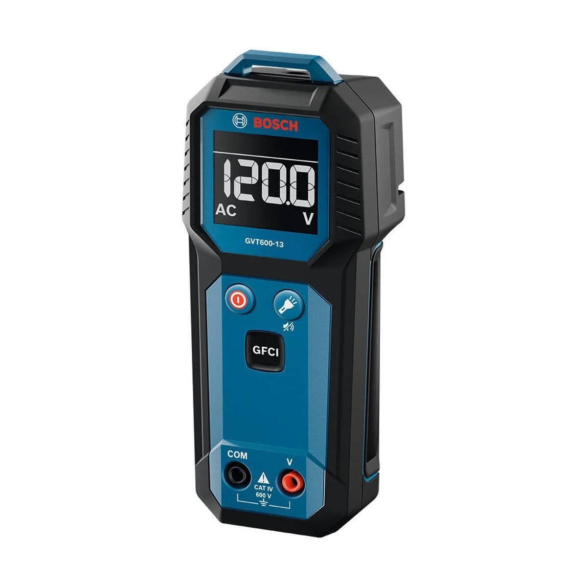 A close-up front perspective view of the standalone Bosch GVT600-13 Contact Voltage Tester isolated against a clean white background. The diagnostic tester features a blue and black rubber-enforced housing, a large digital display showcasing a 120.0V AC reading, an central black GFCI test button, distinct red power and flashlight buttons, and lower input terminals marked for CAT IV 600V safety compliance.