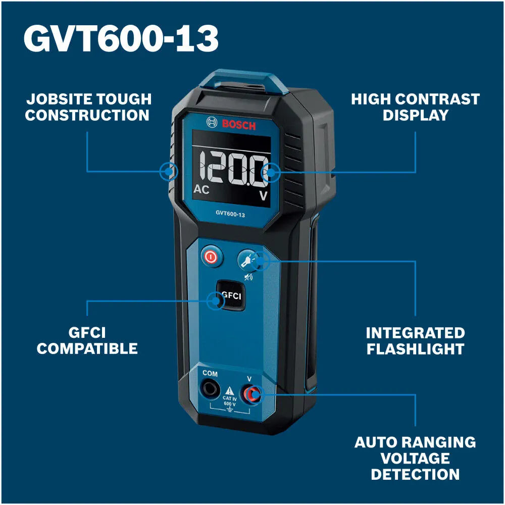 Bosch GVT600-13 Contact Voltage Tester informational feature diagram optimized for search engine algorithms. Diagnostic indicator lines layout core tool benefits on a deep blue background, labeling the jobsite tough construction, high-contrast display showing 120.0V AC, GFCI compatible circuitry, integrated LED flashlight, and auto-ranging voltage detection.