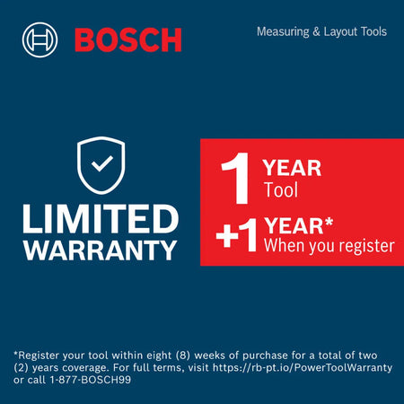 Bosch Measuring and Layout Tools official product warranty information card. The high-conversion marketing layout on a dark blue background details a 1 year tool limited warranty with an additional 1 year bonus extension upon completing online registration within eight weeks of purchase.