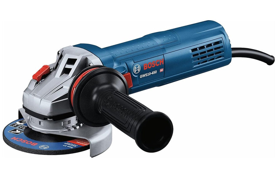 A studio shot of the Bosch GWS10-450 angle grinder featuring a blue body, silver gear housing, and a black auxiliary handle.