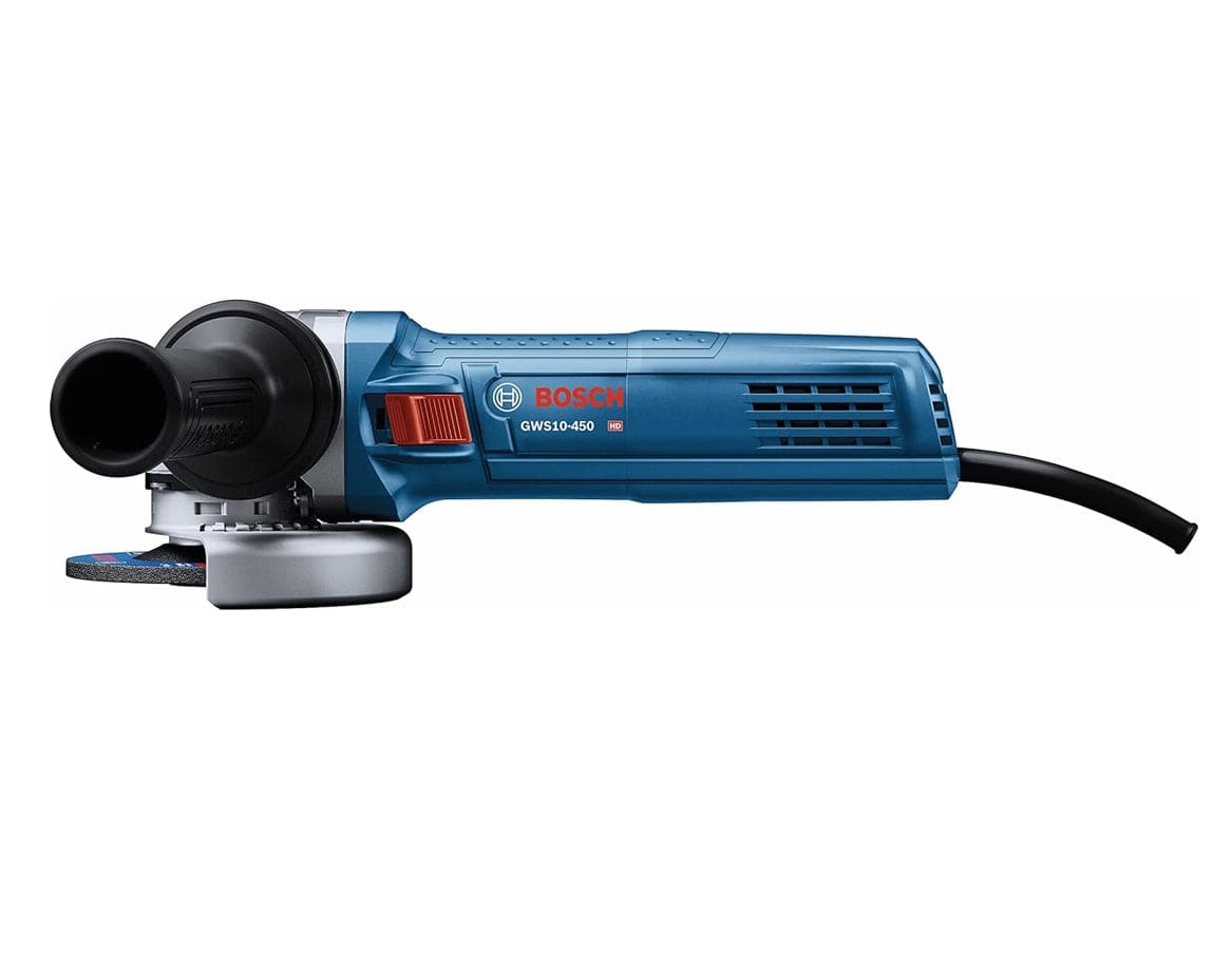 A side profile view of the angle grinder displaying the red lock-on slide switch, the wheel guard, and the abrasive disc.