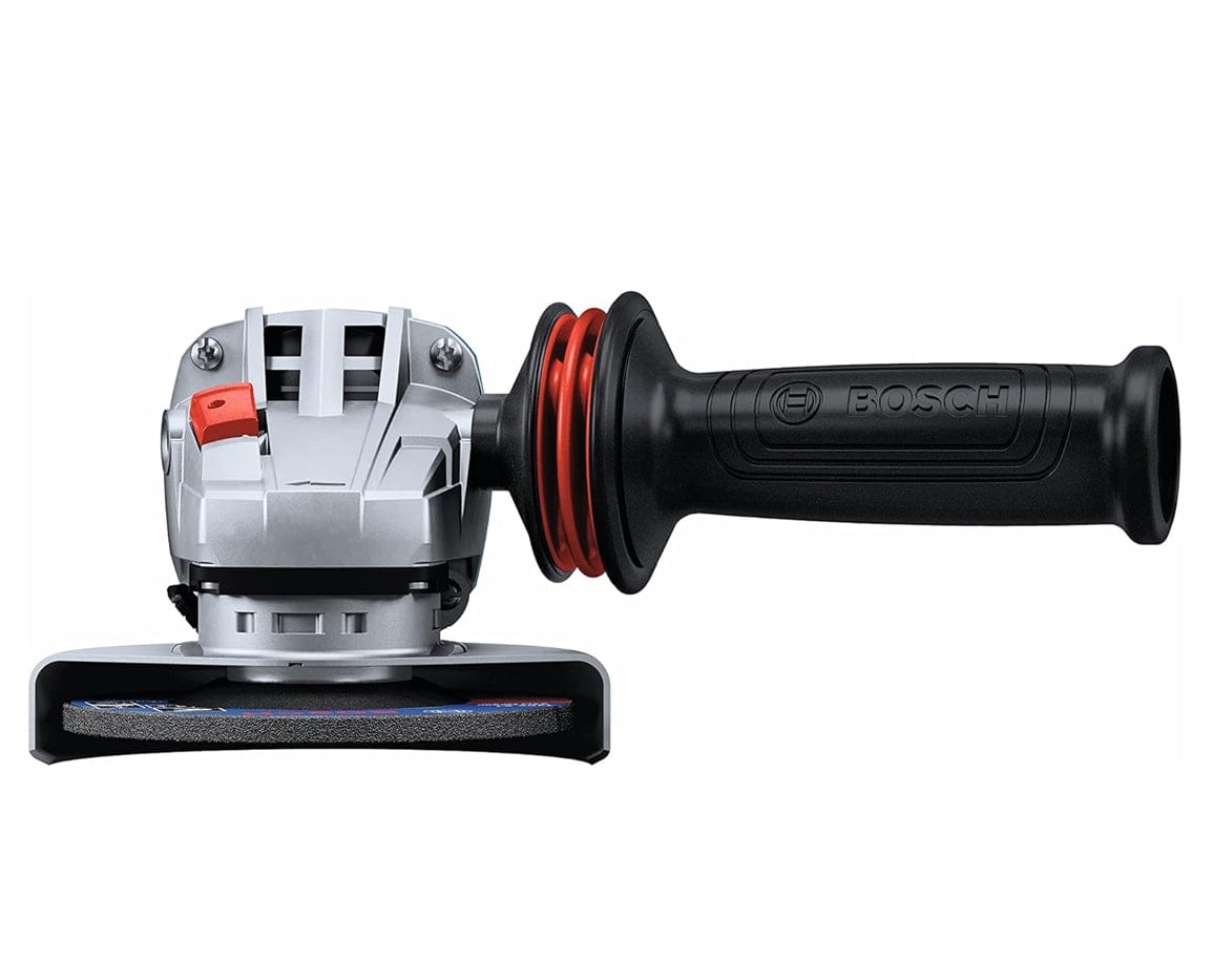 Top view of the tool showing the red spindle lock button on the silver gear head and the vibration-control side handle.