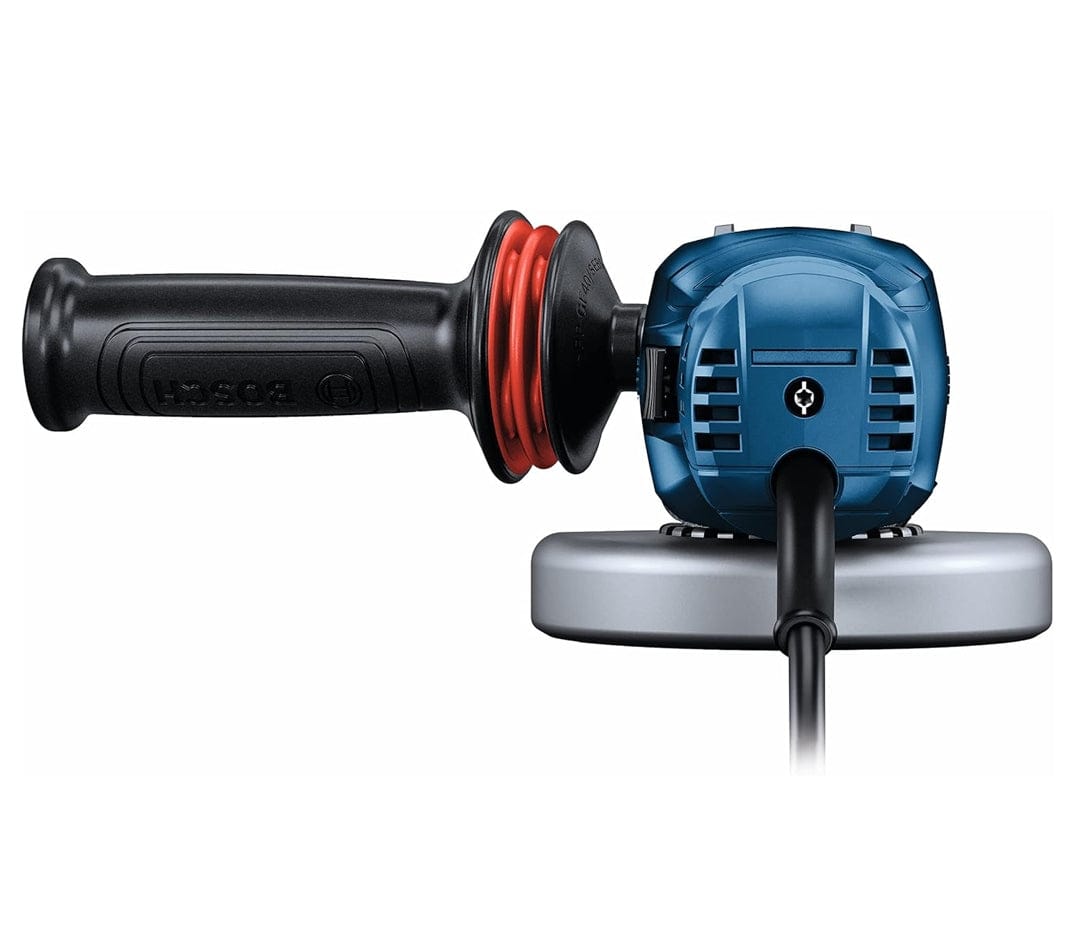 Rear view of the grinder highlighting the air vents on the blue housing and the power cord connection.