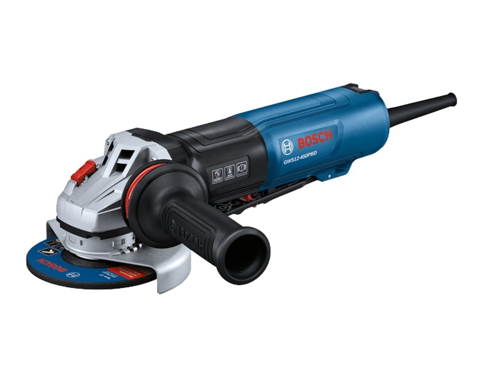 A studio product image of the Bosch GWS12-450PBD-RT angle grinder, showcasing its ergonomic blue and black body, adjustable guard, and anti-vibration side handle.