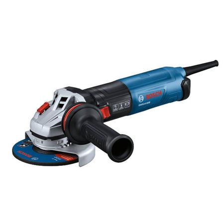 A studio product view of the Bosch GWS14-50B 5-inch angle grinder with a blue and black body, red accents, a silver gear housing, and a black anti-vibration side handle.