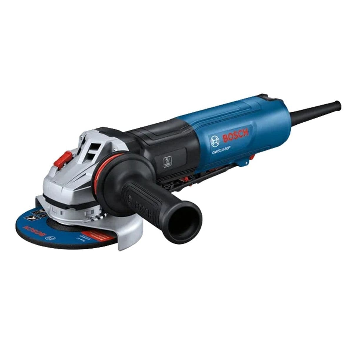 Studio product view of the Bosch GWS14-50P-RT 5-inch angle grinder, featuring a blue and black ergonomic body, silver gear housing, and a black anti-vibration side handle.