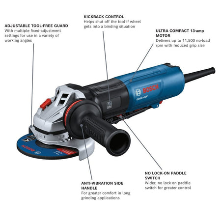 Technical product diagram for the Bosch GWS14-50P angle grinder with labels identifying key features:
