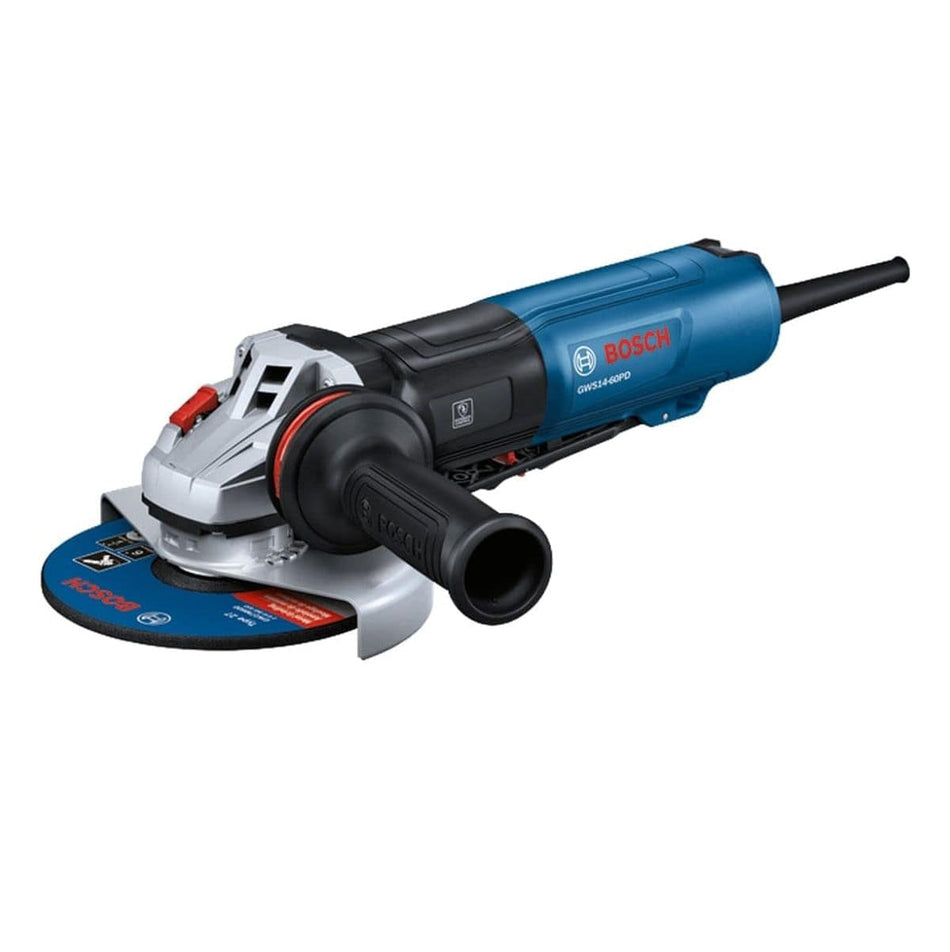 A studio product photo of the Bosch GWS14-60PD-RT 6-inch angle grinder, featuring a blue and black ergonomic body, a silver gear housing with a red spindle lock button, and a black anti-vibration side handle.