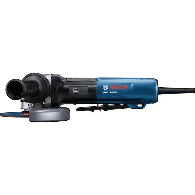 A side-profile studio view of the Bosch GWS14-60PD 6-inch angle grinder, highlighting the long paddle switch on the underside of the blue housing and the 5/8-11 spindle.