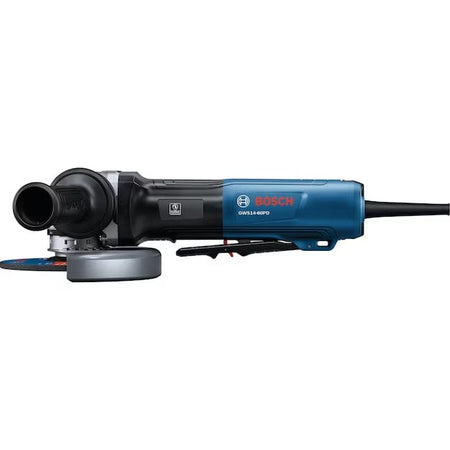 A side-profile studio view of the Bosch GWS14-60PD 6-inch angle grinder, highlighting the long paddle switch on the underside of the blue housing and the 5/8-11 spindle.
