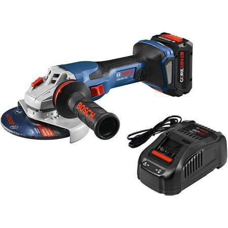 The reconditioned Bosch GWS18V-13C PROFACTOR 18V angle grinder kit featuring BITURBO Brushless technology, an 8.0Ah CORE18V high power battery, fast charger, wheel guard, and heavy-duty contractor bag.