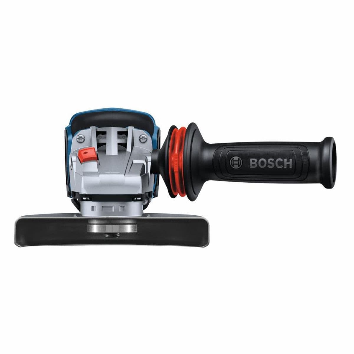 Front view of the Bosch 18V PROFACTOR angle grinder showcasing the adjustable wheel guard and the Vibration Control auxiliary handle designed for improved operator comfort and stability.
