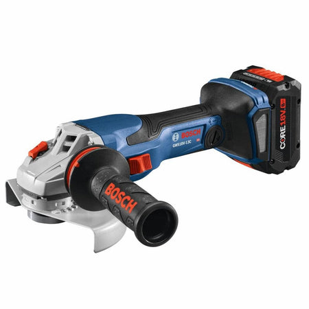 Perspective profile of the Bosch GWS18V-13C cordless grinder emphasizing the slim barrel grip design, integrated slide switch, and the high-capacity 8.0Ah CORE18V battery for industrial applications.