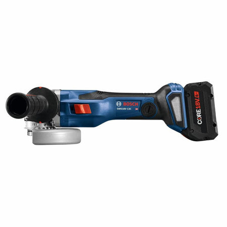 Top-down view of the Bosch PROFACTOR angle grinder highlighting the ergonomic slide switch and the robust metal gear housing engineered for 5-inch and 6-inch cutting and grinding wheels.