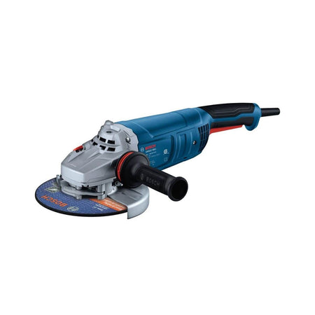 A comprehensive studio product catalog view of the Bosch GWS22-180J 7-Inch Large Angle Grinder positioned diagonally against a clean white background. This industrial power tool highlights its blue and black structural composite housing, silver metal gear enclosure, red trigger mechanism, attached auxiliary side handle, and a thick 7-inch abrasive metal grinding wheel disc locked tightly under its protective safety steel guard.